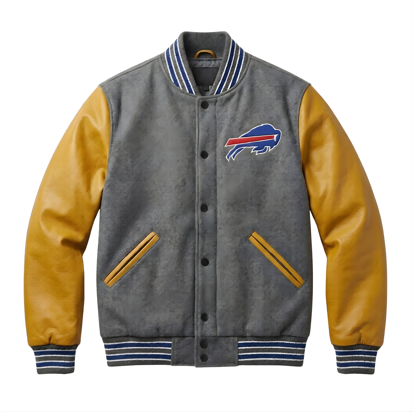 NFL Buffalo Bills Grey & Gold Varsity Letterman Bomber Jacket for Men & Women