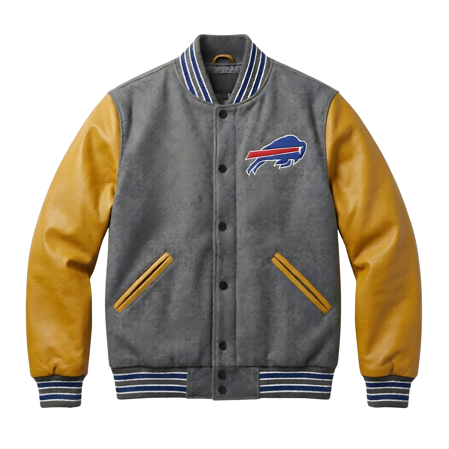 NFL Buffalo Bills Grey & Gold Varsity Letterman Bomber Jacket for Men & Women