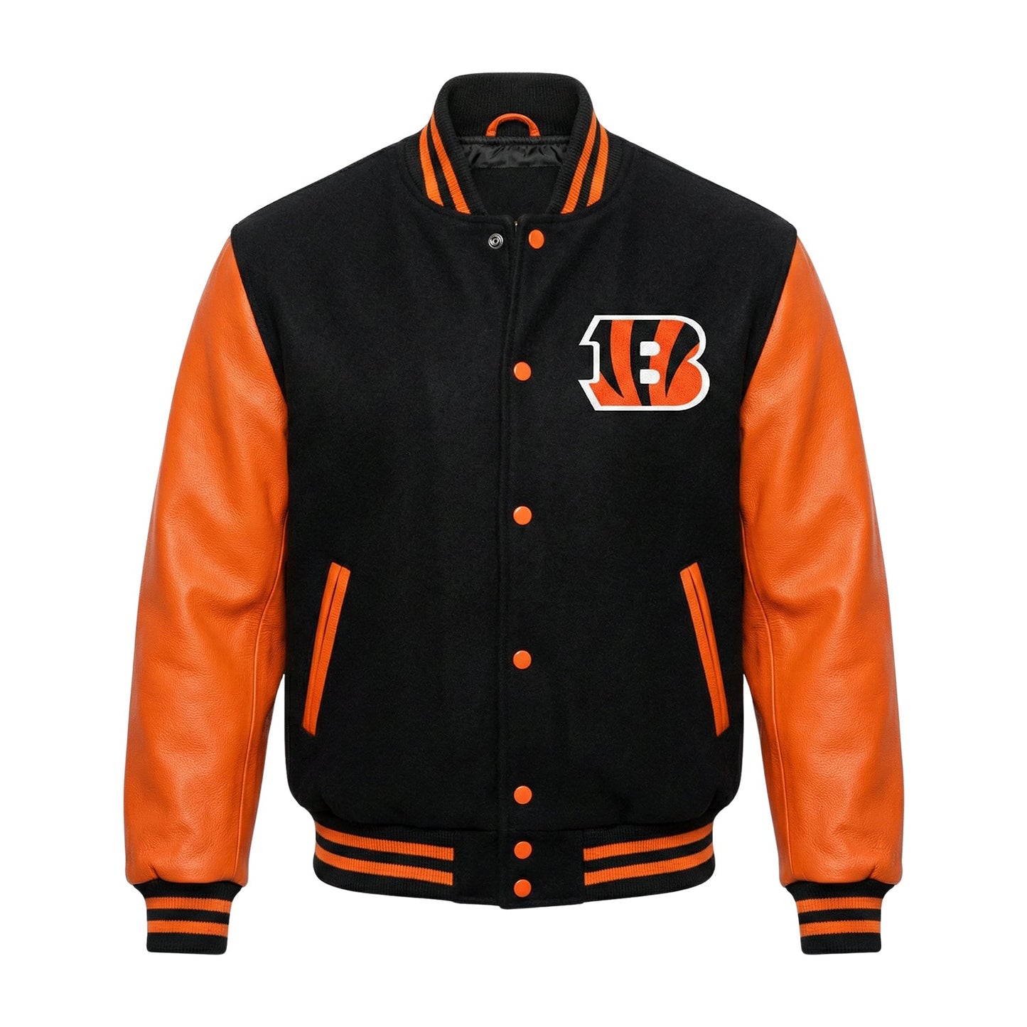 NFL Cincinnati Bengals Black & Orange Varsity Letterman Bomber Jacket for Men & Women