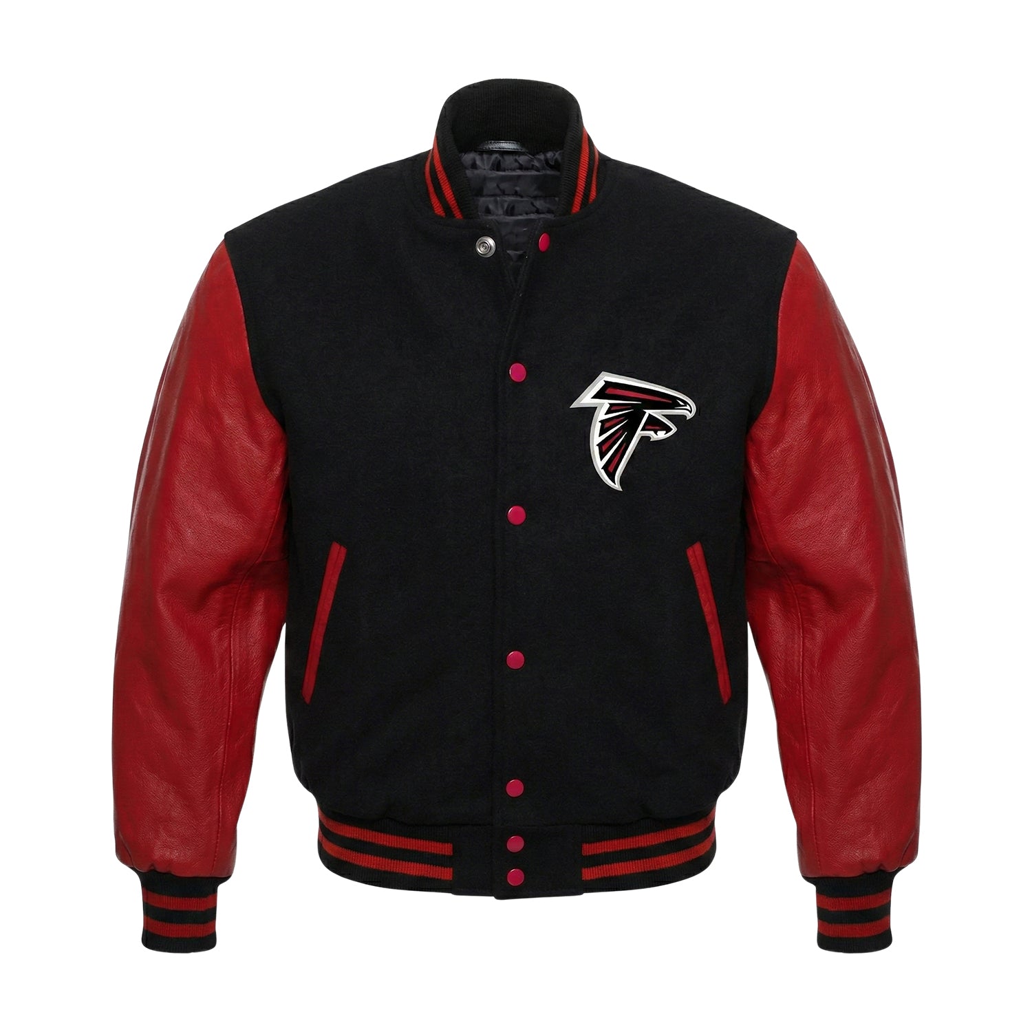 Atlanta Falcons Black & Red Varsity Jacket – Fleece Body with Faux Leather Sleeves | NFL Letterman Bomber Jacket for Men & Women