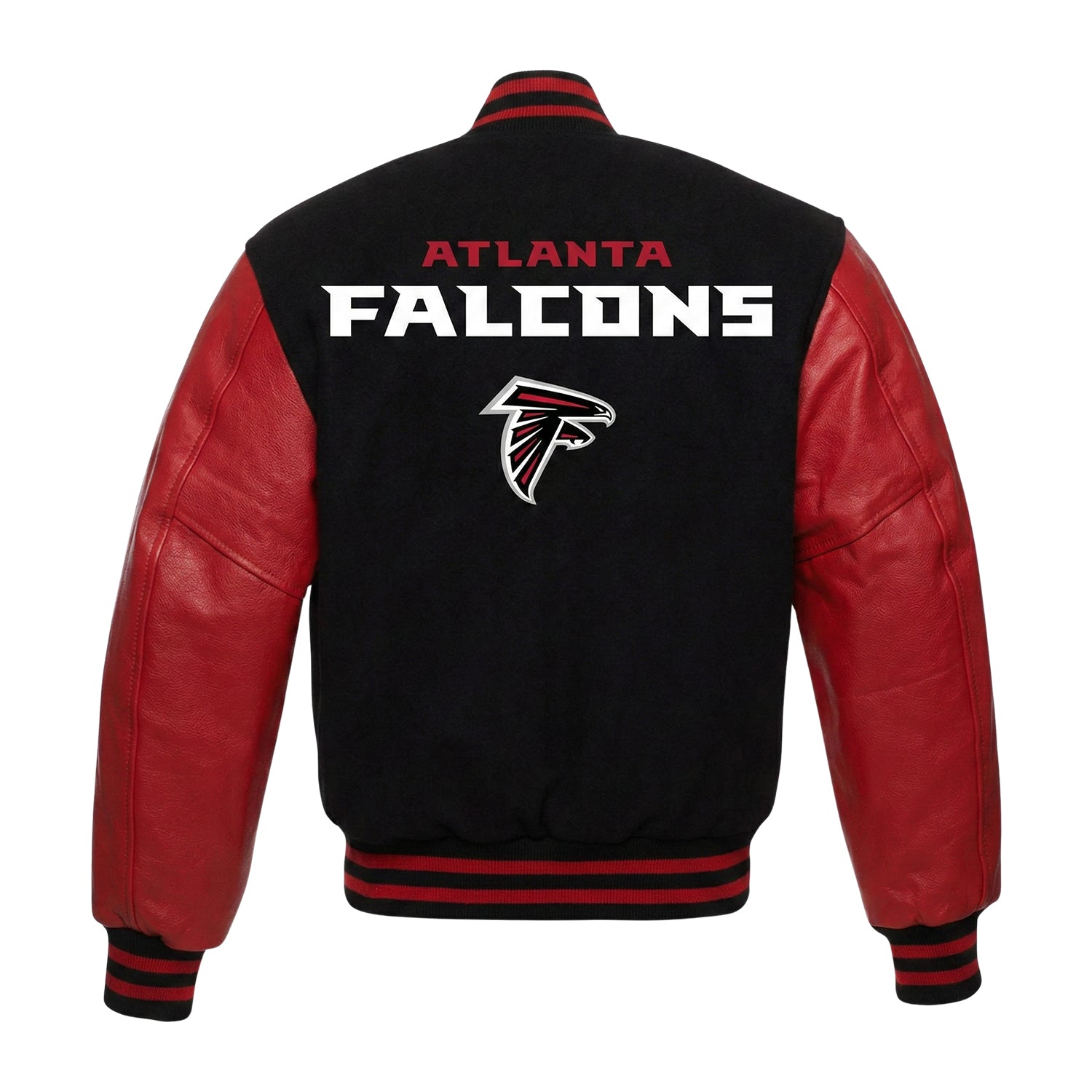 Atlanta Falcons Black & Red Varsity Jacket – Fleece Body with Faux Leather Sleeves | NFL Letterman Bomber Jacket for Men & Women