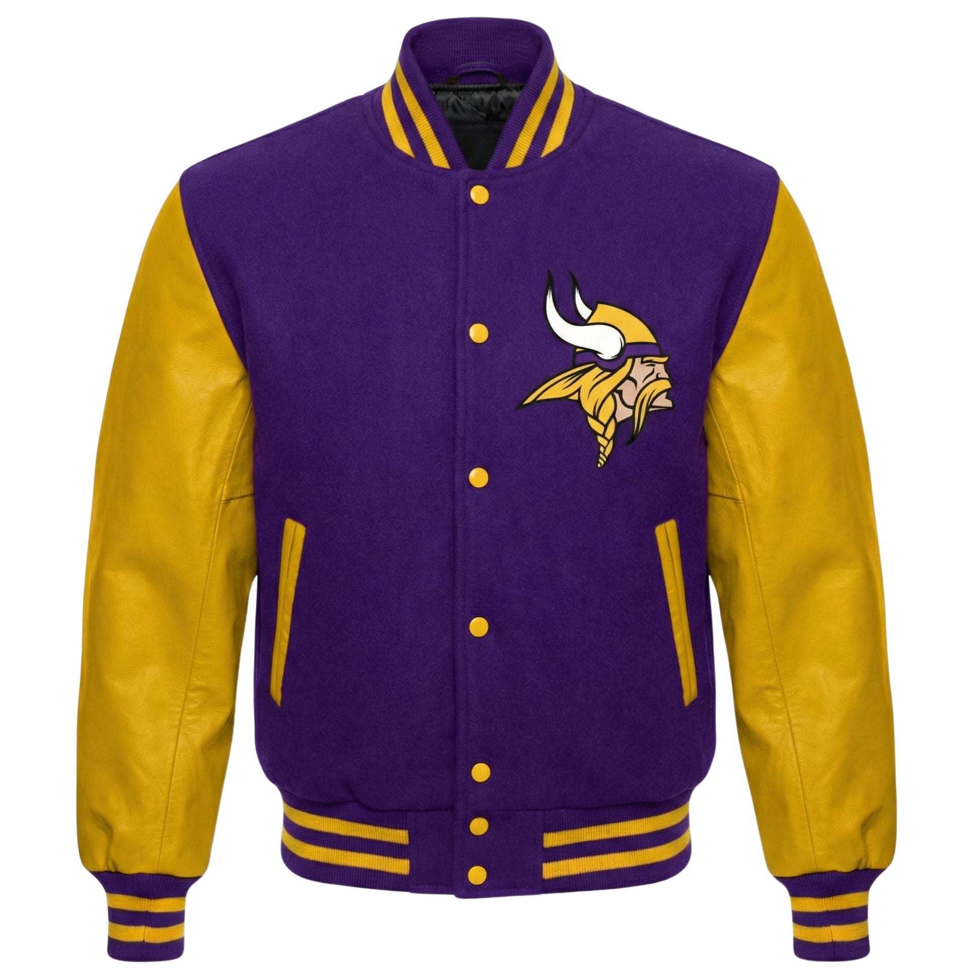 Minnesota Vikings Purple & Gold Varsity Jacket – Premium Fleece Body with Faux Leather Sleeves | NFL-inspired Letterman Bomber Jacket