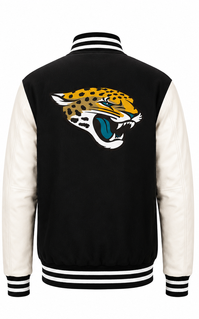 A black-and-white varsity jacket shown from the back, featuring a large Jacksonville Jaguars logo embroidered on the center back.