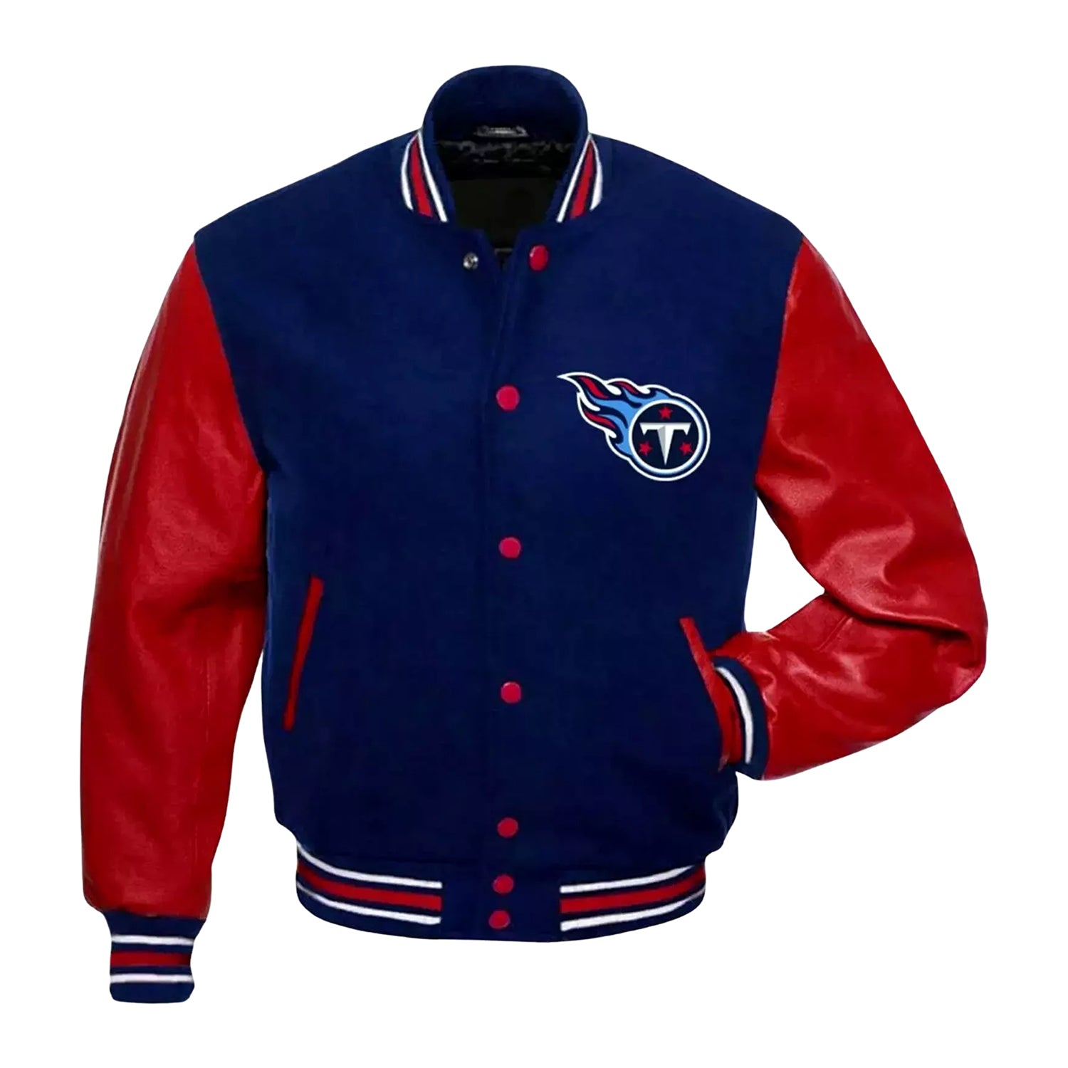 NFL Tennessee Titans Navy Blue and Red Varsity Letterman Bomber Jacket for Men & Women