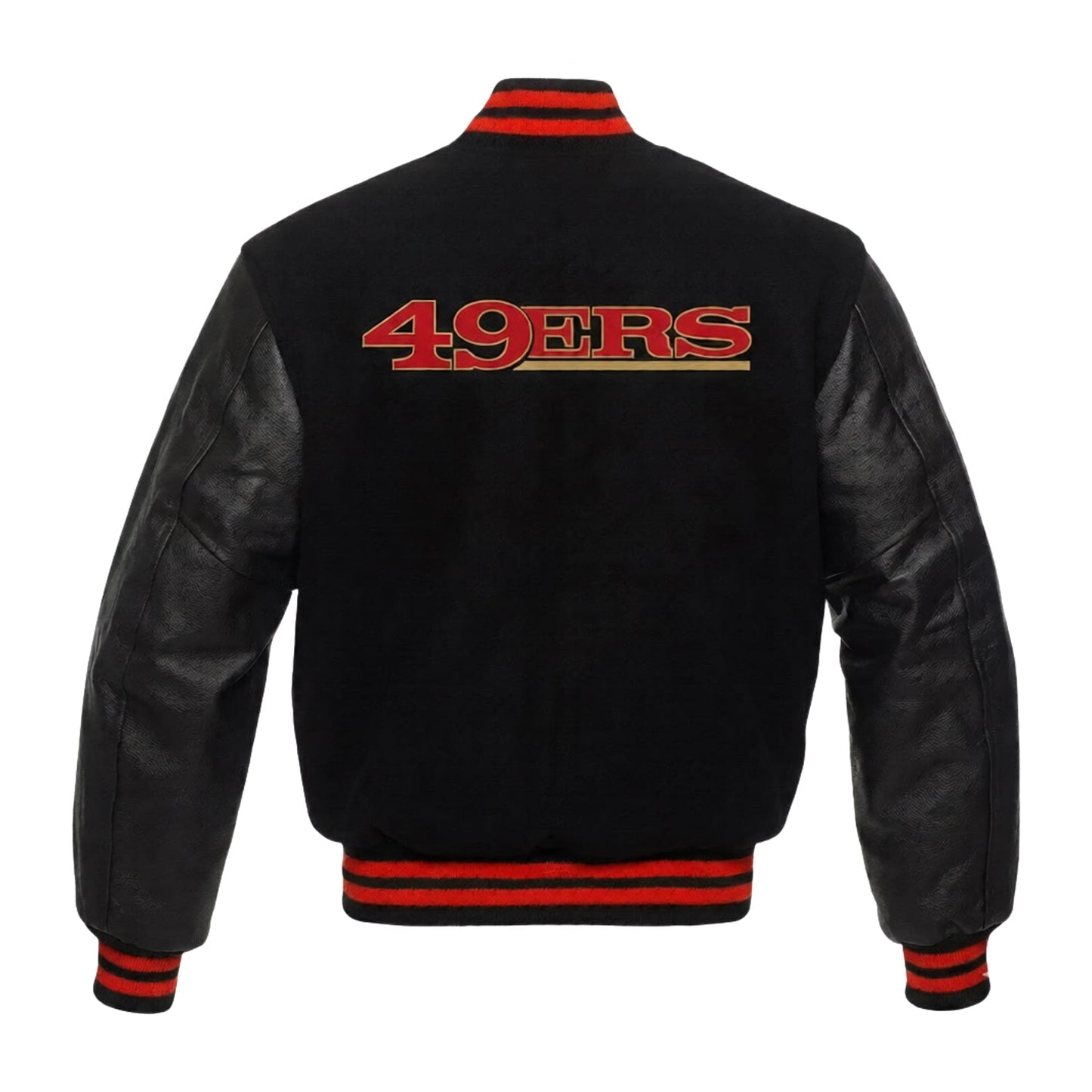 Black varsity jacket with red and gold '49ers' text on the back, on a white background