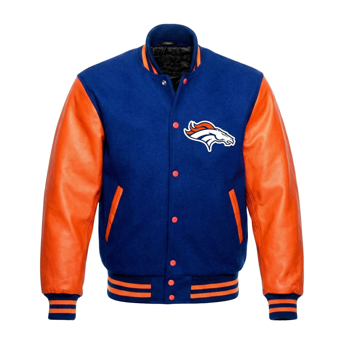 Royal Blue and orange varsity jacket with the Denver Broncos logo on a white background