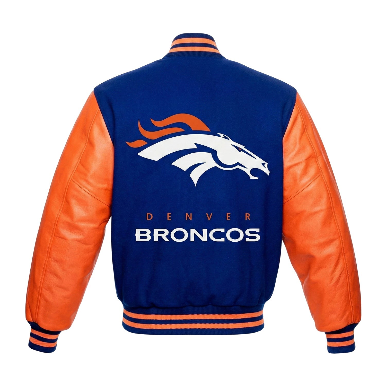 A Denver Broncos varsity-style jacket shown from the back, featuring a navy blue body, orange leather-look sleeves, and the team logo and text on the back.