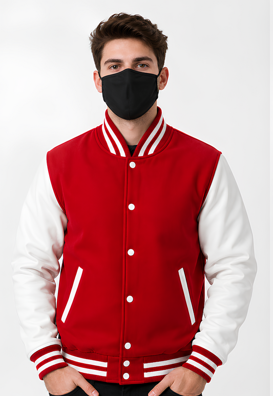 Person wearing a red and white varsity jacket with a black face mask on a white background