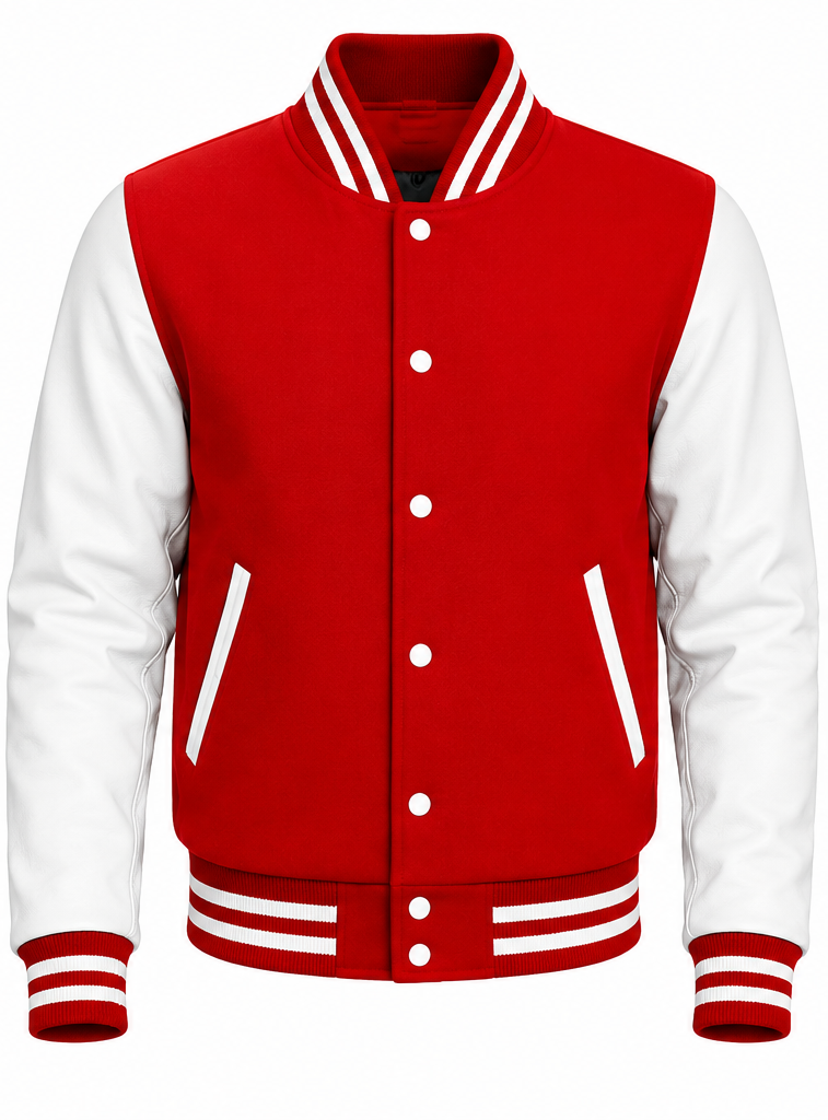 Red and white varsity jacket on a white background