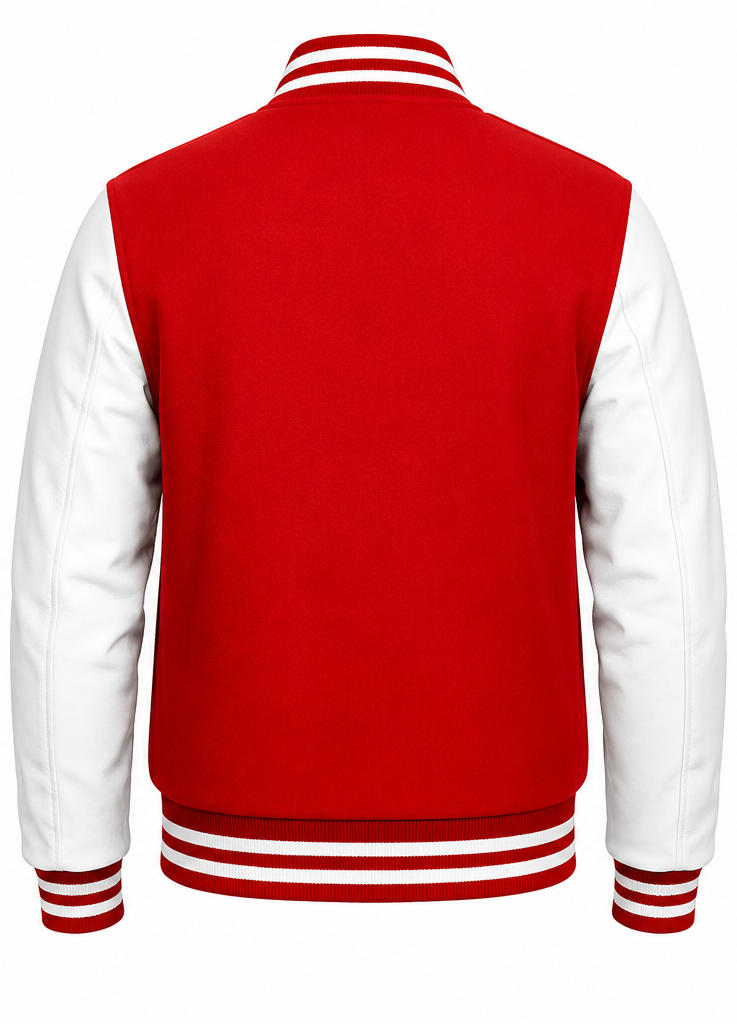 Red and white varsity jacket on a white background