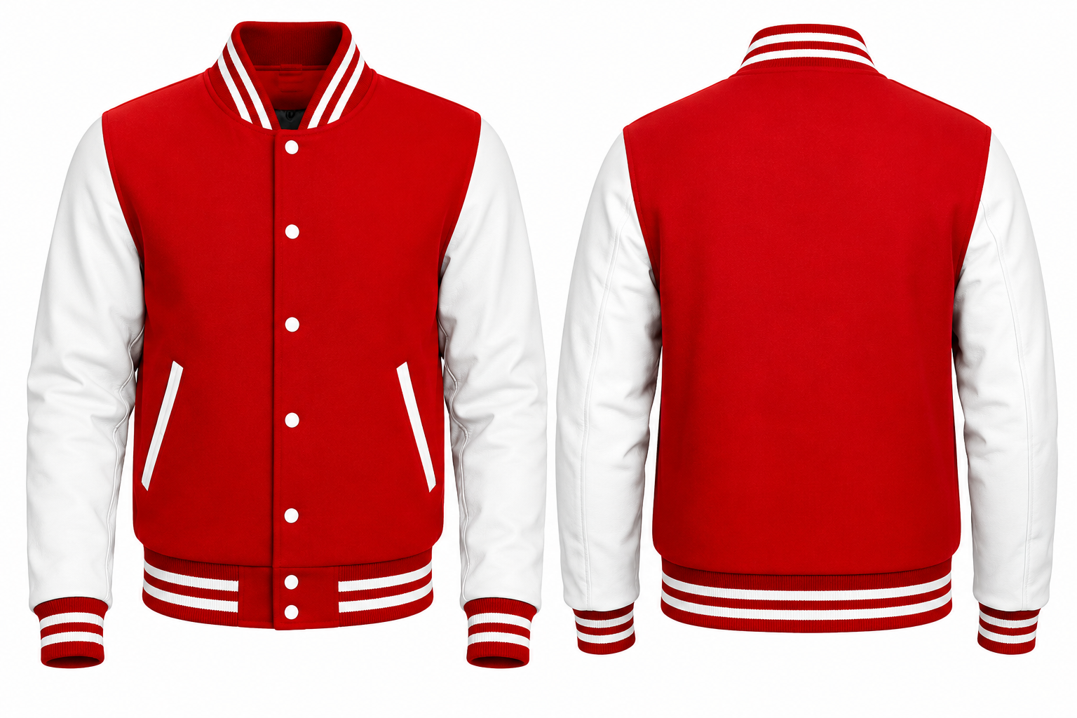 Red and white varsity jacket shown from front and back on a white background