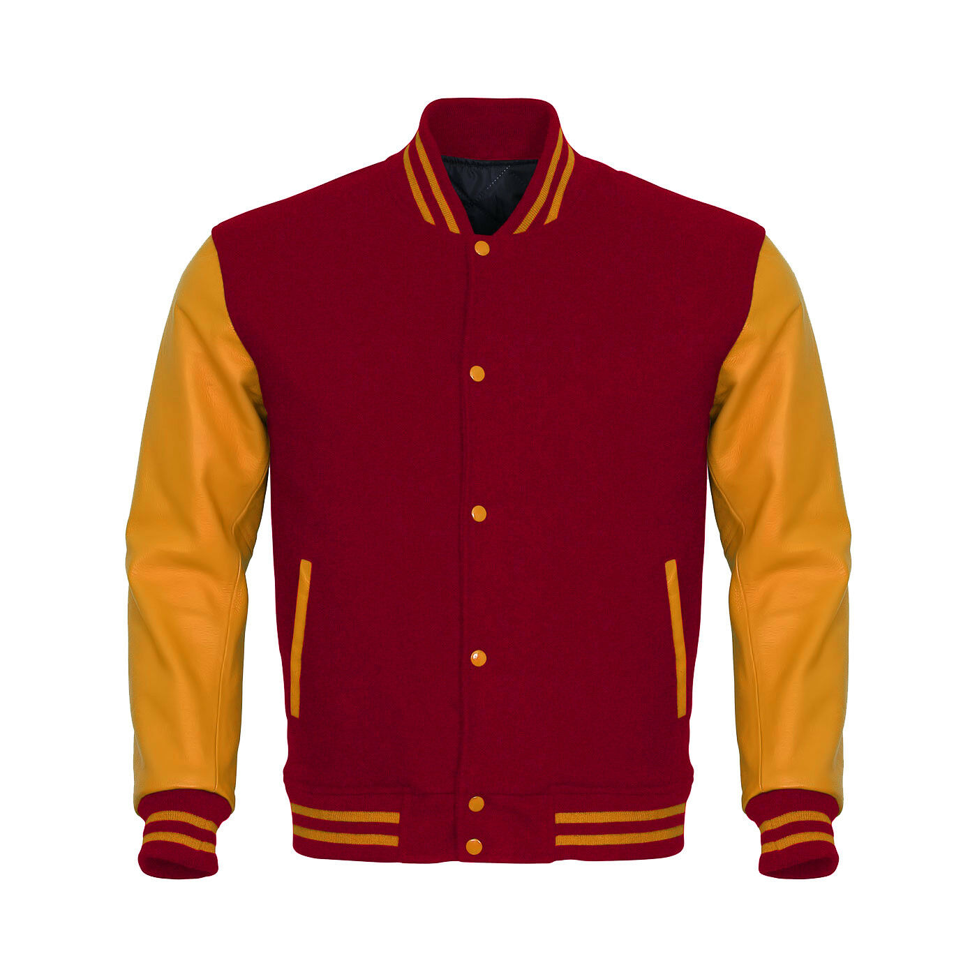 Red and yellow varsity jacket on a white background