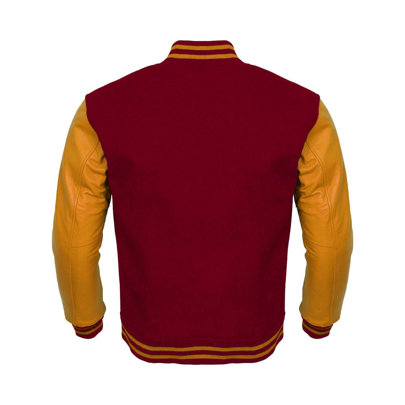 Red varsity jacket with yellow sleeves on a white background