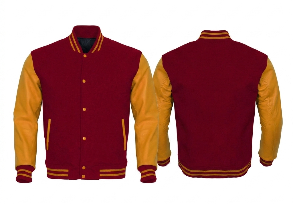 Red and yellow varsity jacket shown from front and back on a white background
