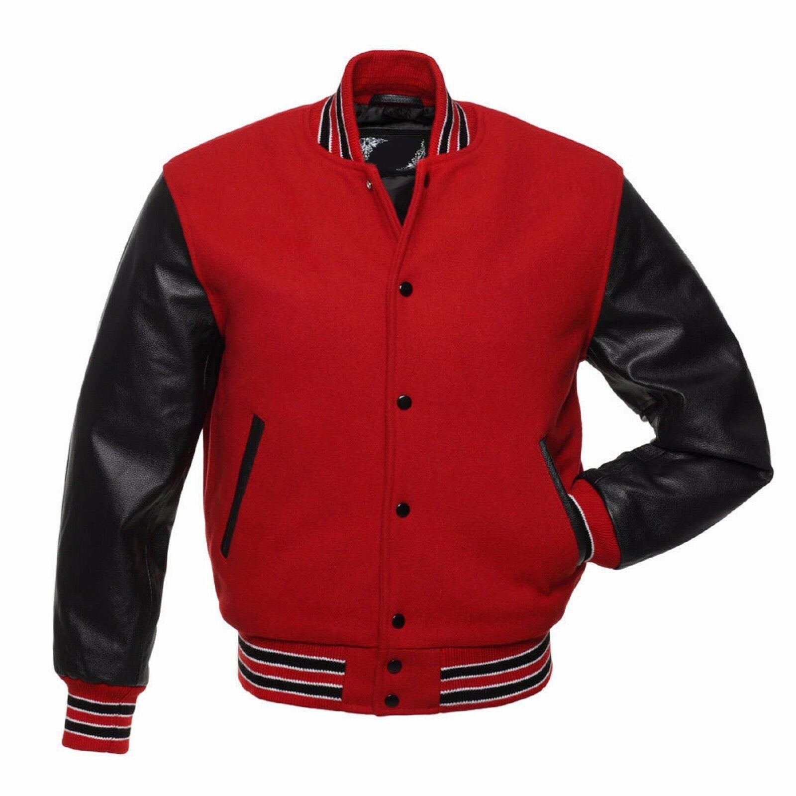 Red varsity jacket with black leather sleeves on a white background