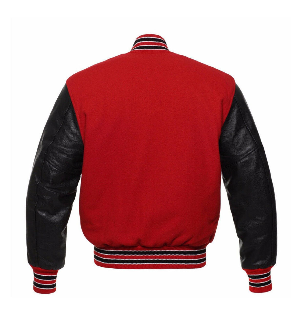 Red varsity jacket with black sleeves on a white background