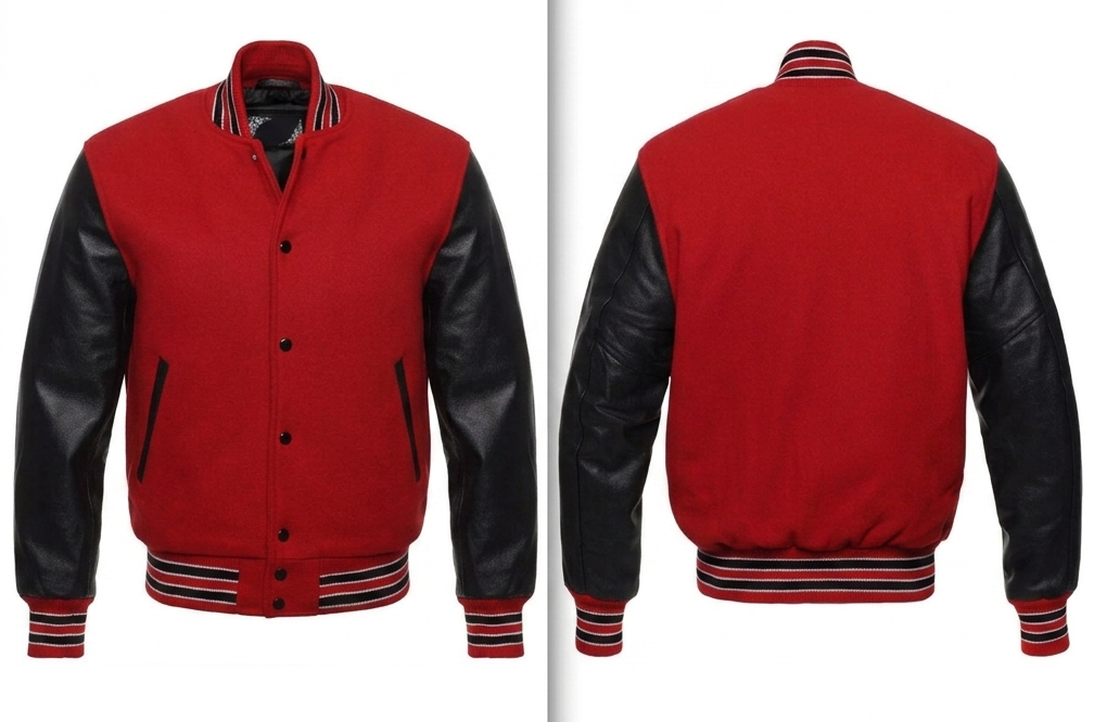 Red varsity jacket with black sleeves on a white background