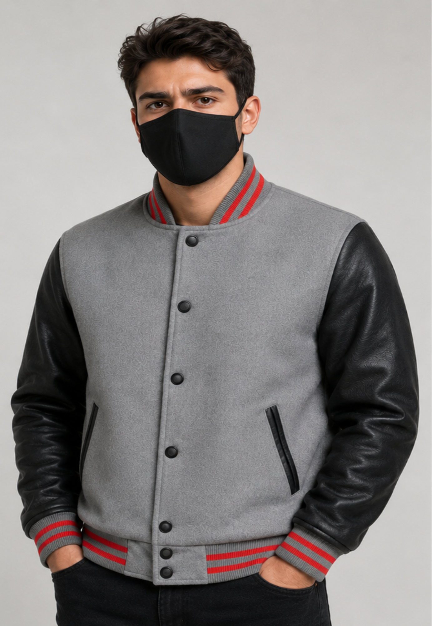 Man wearing a gray varsity jacket with black leather sleeves and a black face mask on a gray background
