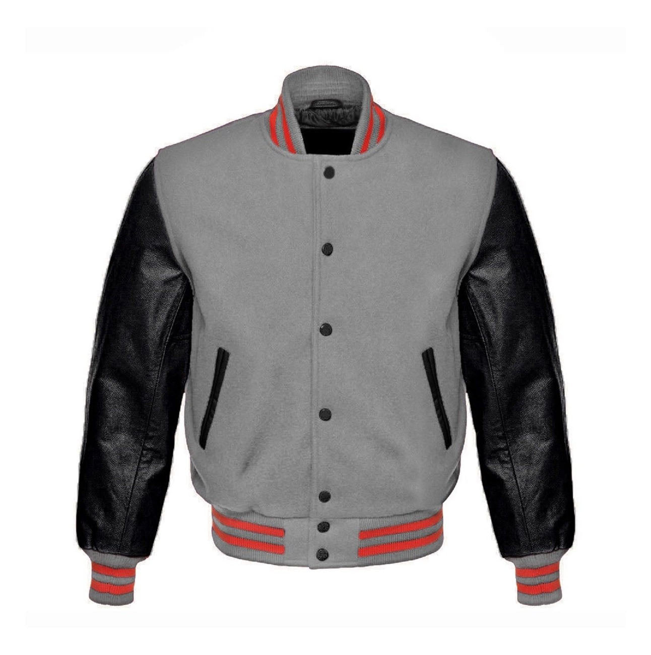 Gray varsity jacket with black sleeves and red accents on a white background