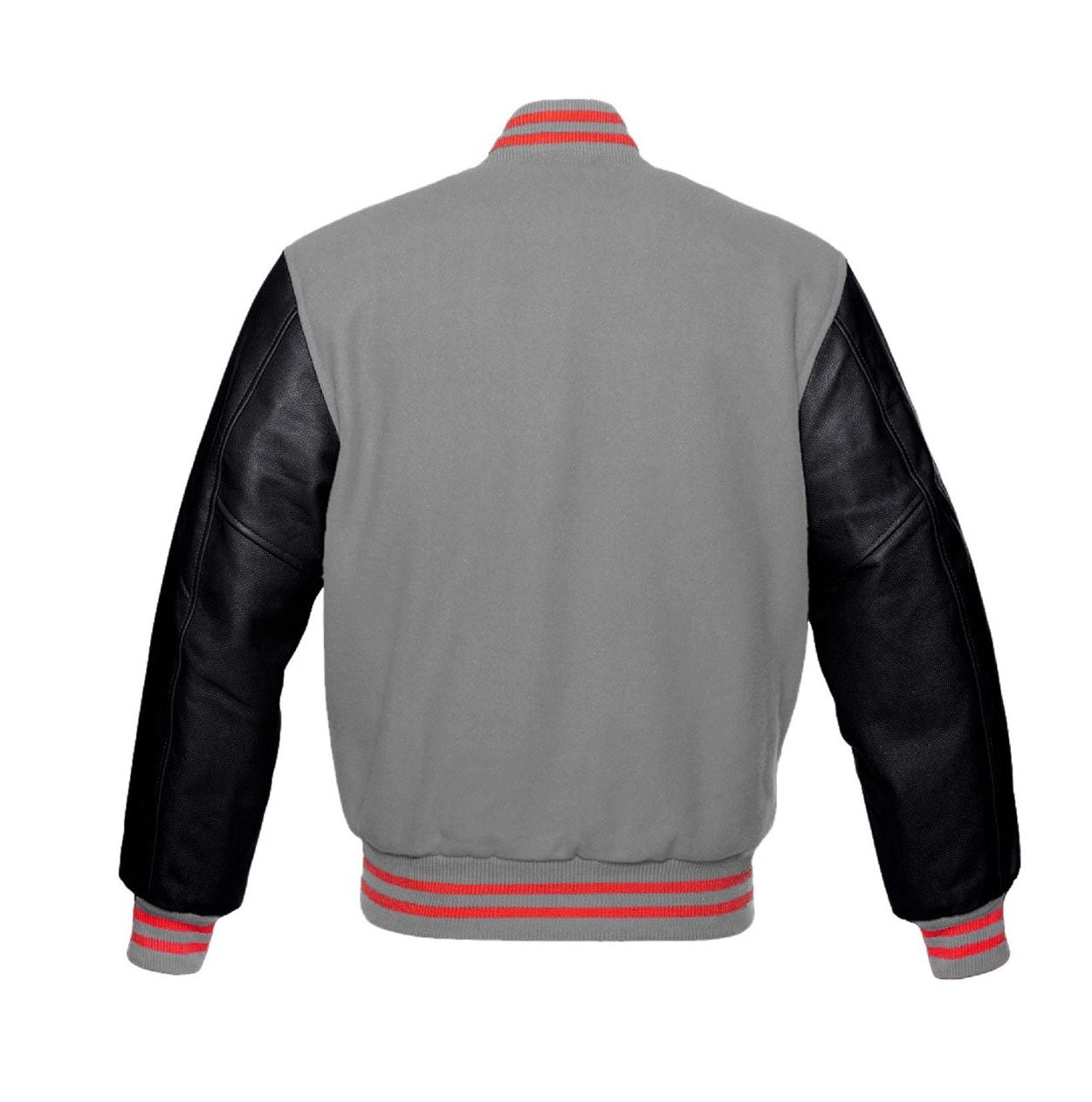 Gray varsity jacket with black sleeves and red stripes on a white background