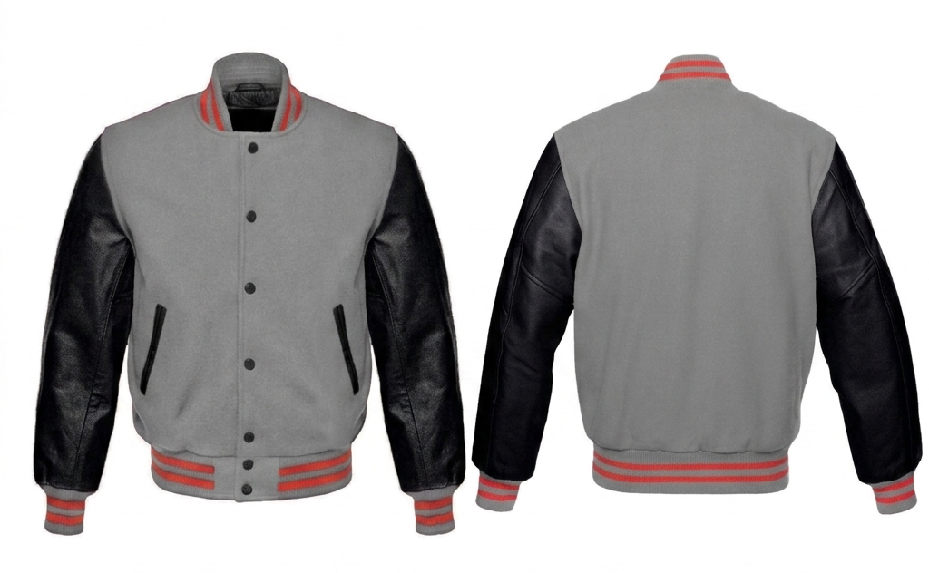 Gray varsity jacket with black sleeves and red trim on a white background