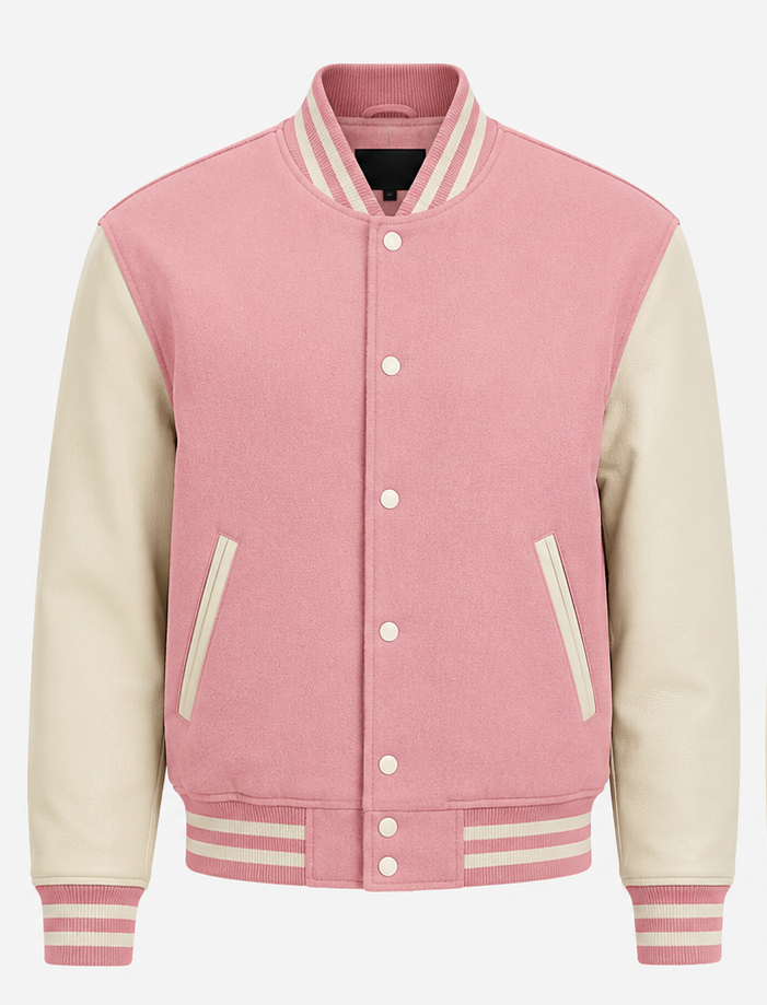 Pink and Cream varsity jacket on a white background