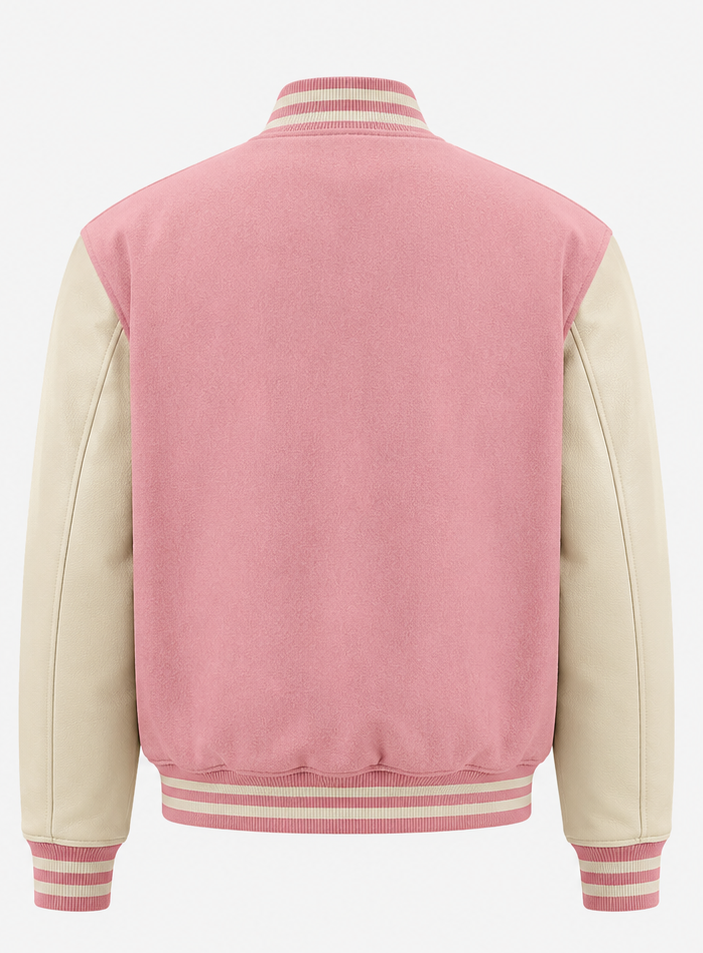 Pink and Cream varsity jacket on a white background