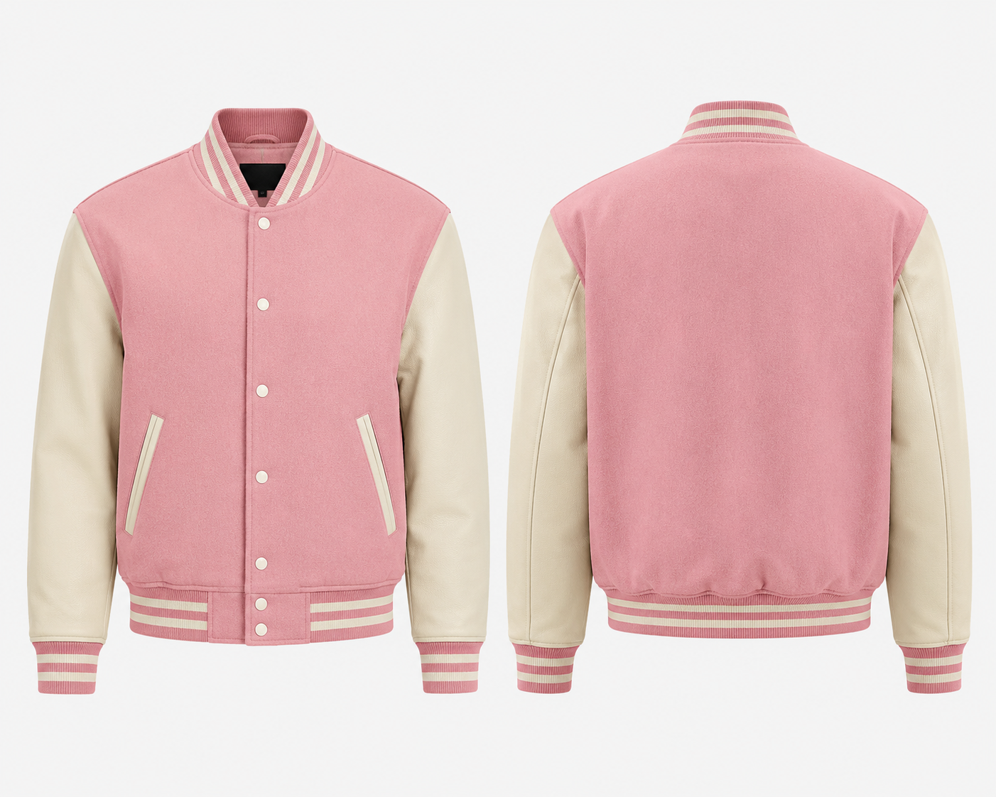 Pink and Cream varsity jacket shown from front and back on a white background