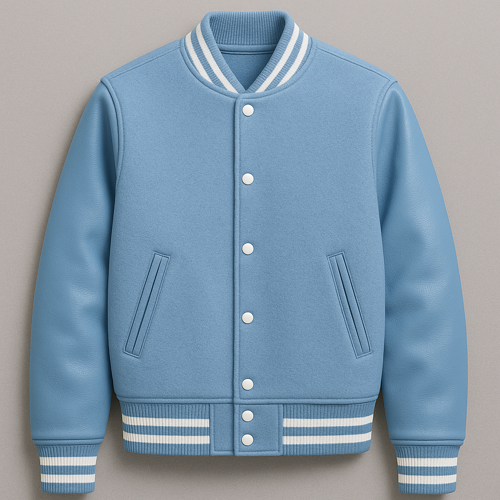 Blue varsity jacket with white stripes on a gray background