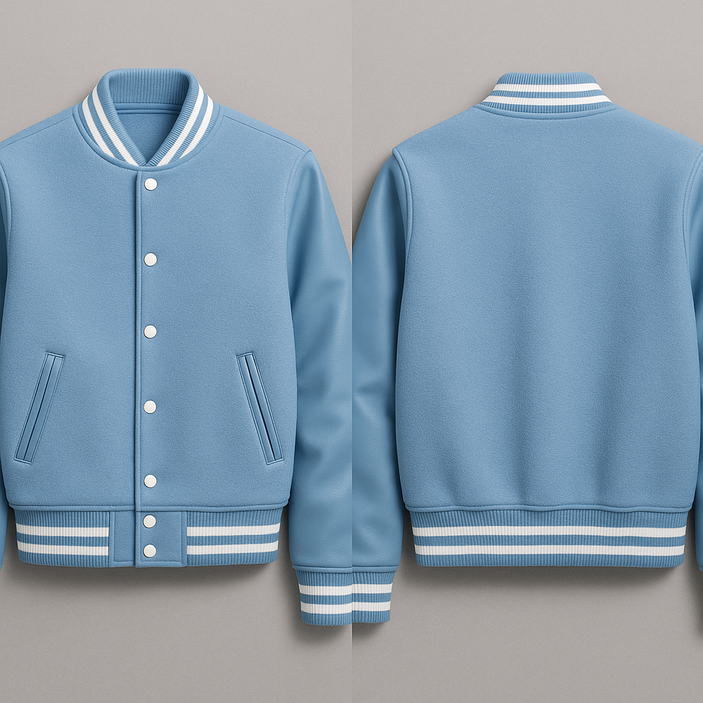 Blue varsity jacket with white accents on a gray background