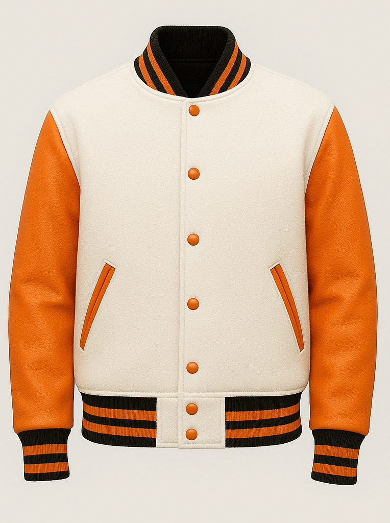 White and orange varsity jacket with black accents on a light gray background