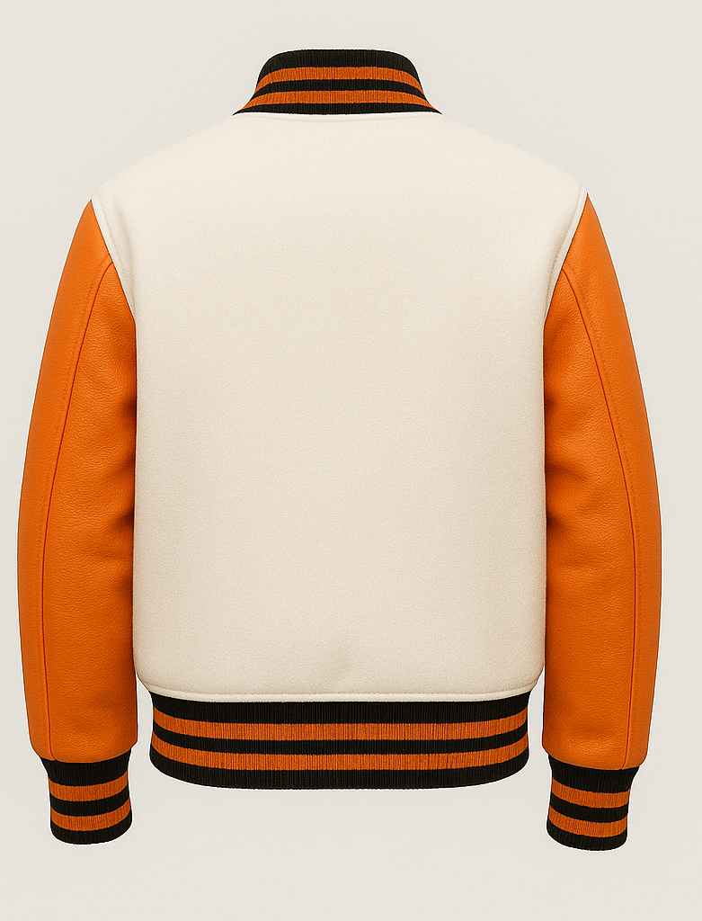 White Varsity jacket with orange sleeves and black trim on a light gray background