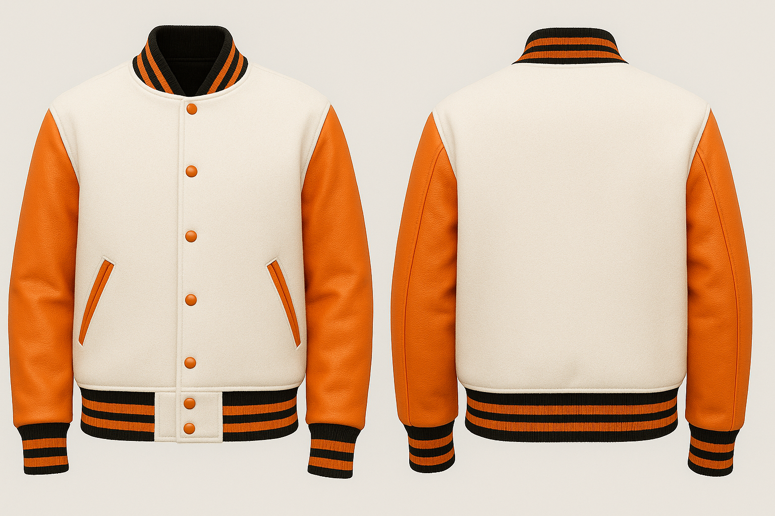 White varsity jacket with orange sleeves and black accents on a white background