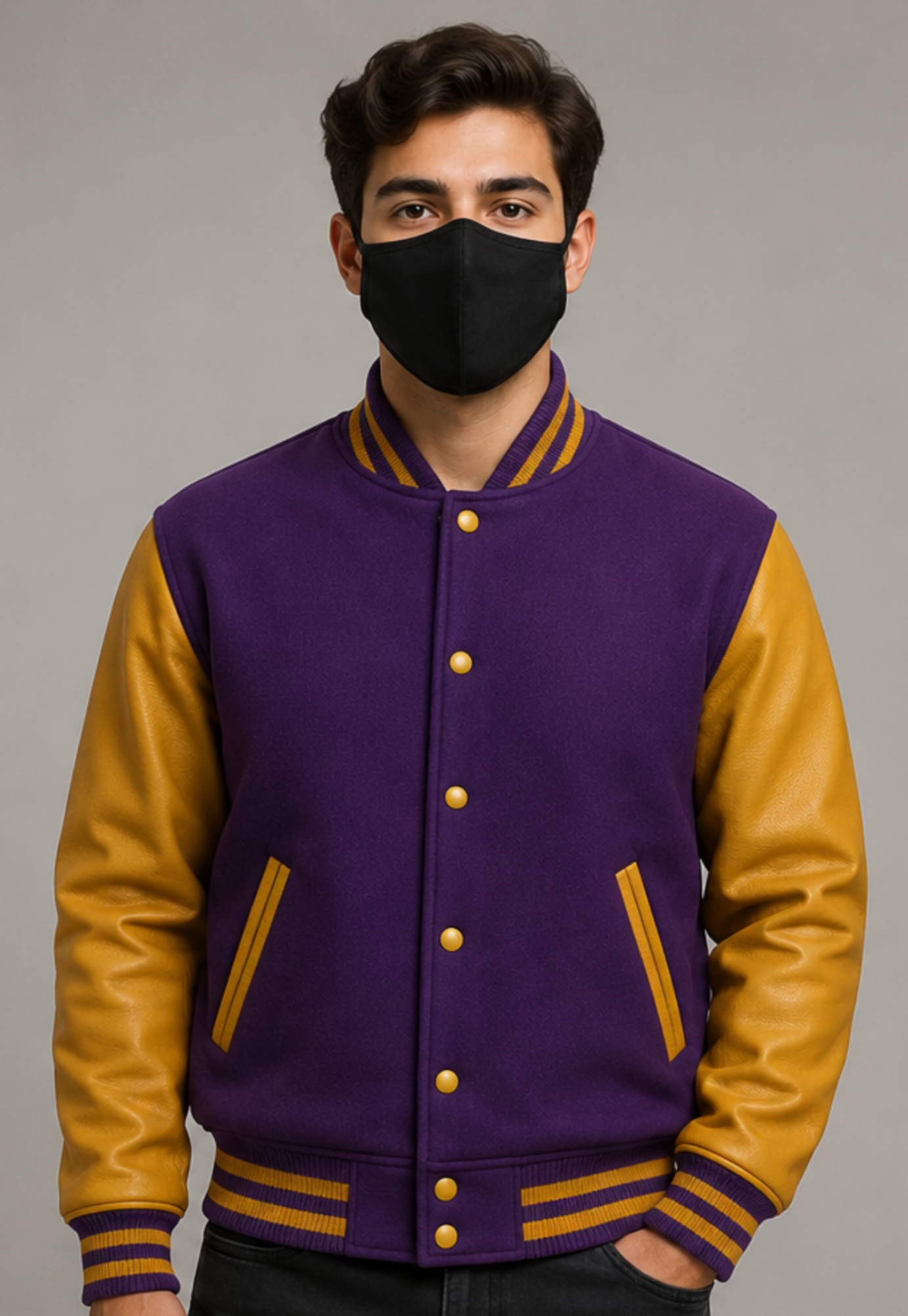 Person wearing a purple and golden varsity jacket with a black mask on a gray background