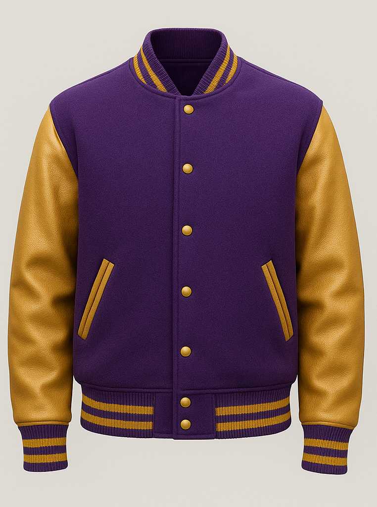 Purple varsity jacket with gold sleeves on a light gray background