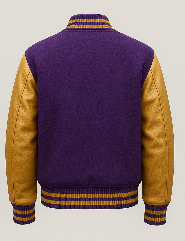 Purple varsity jacket with gold sleeves on a light gray background