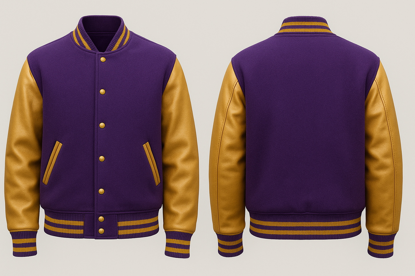 Purple and gold varsity jacket shown from front and back on a light gray background