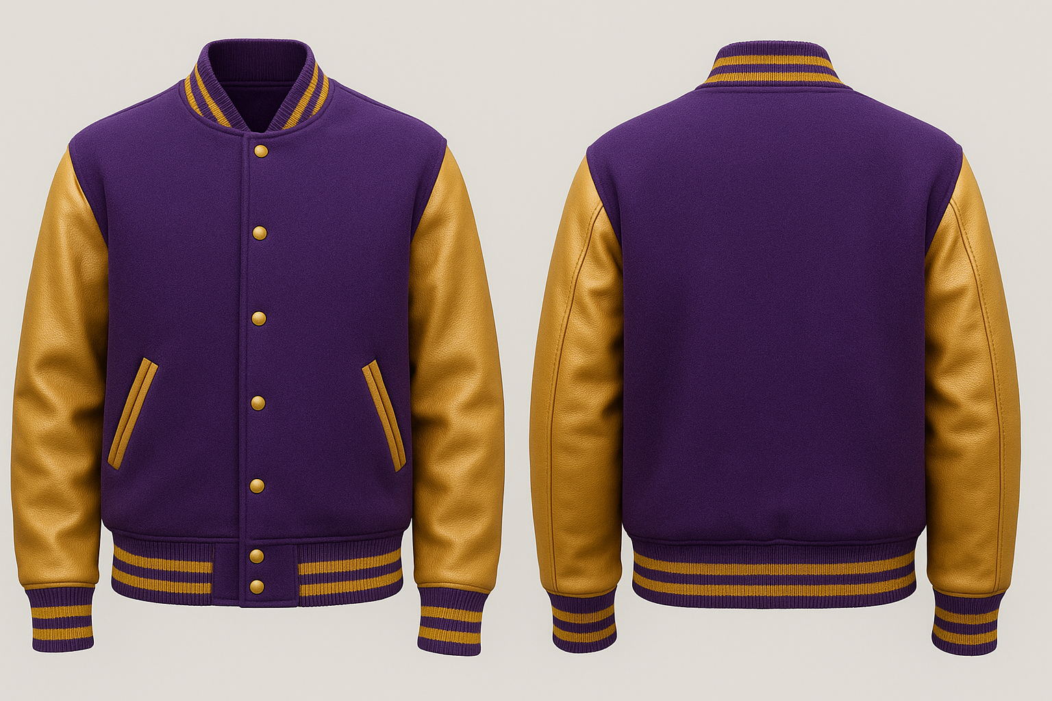 Purple and gold varsity jacket shown from front and back on a light gray background