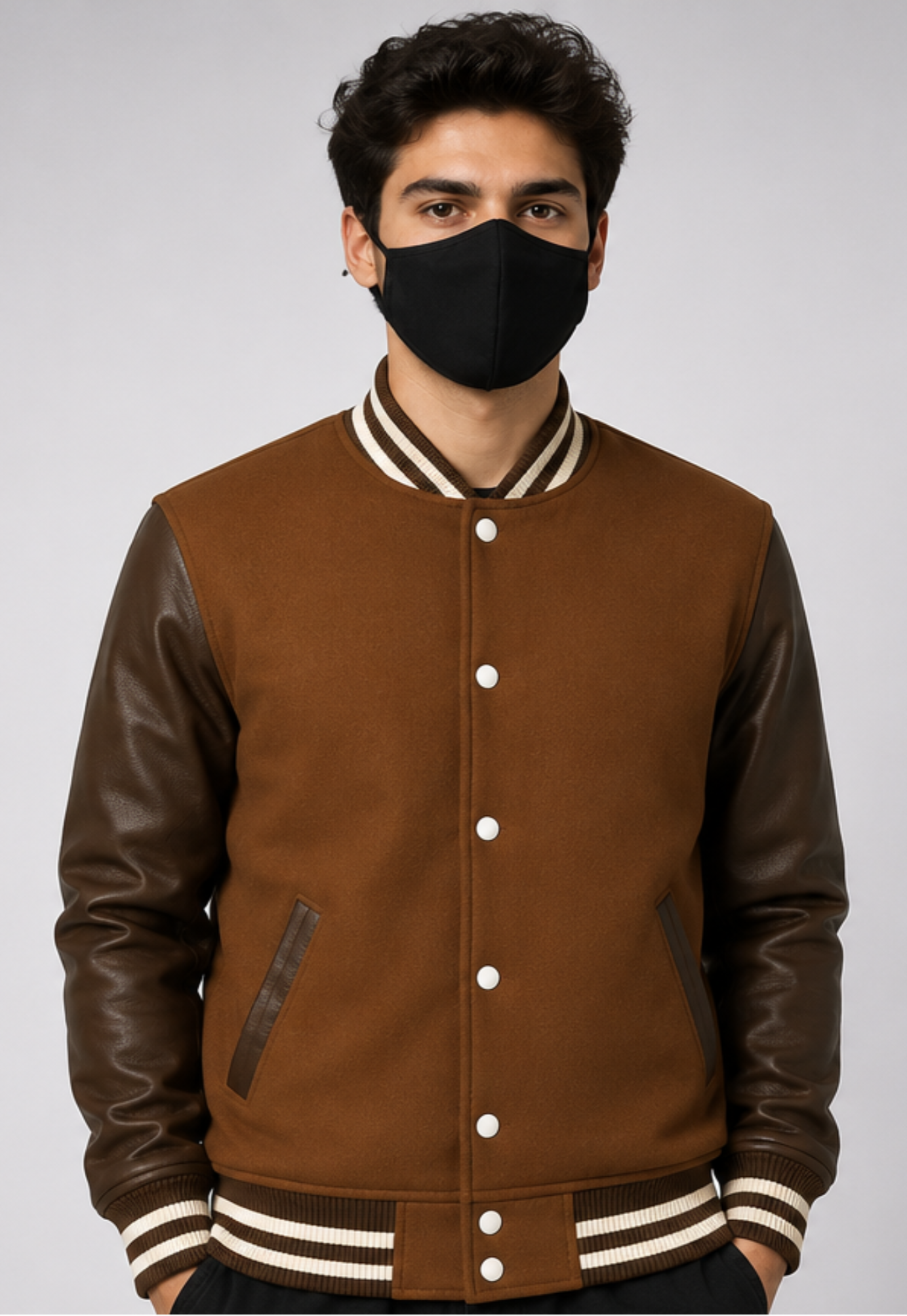 Man wearing a brown varsity jacket with leather sleeves and a black face mask on a gray background