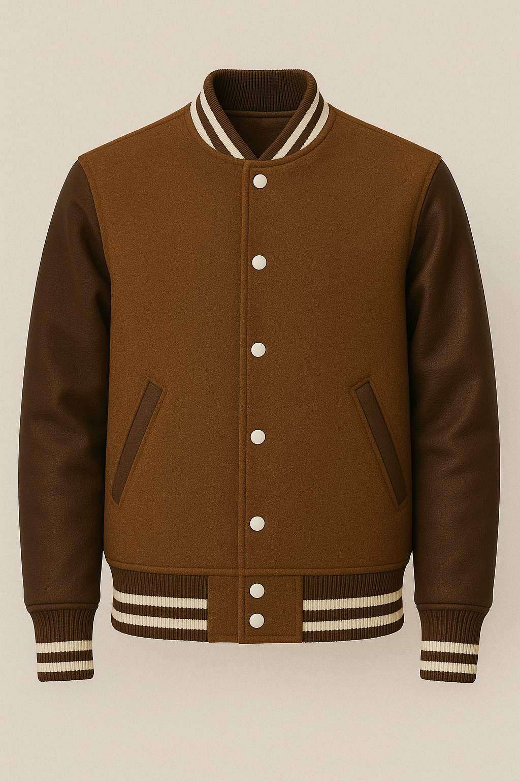 Brown varsity jacket with leather sleeves on a beige background