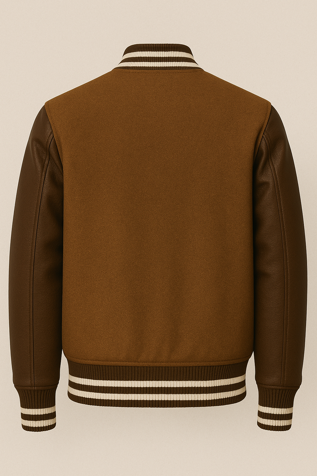 Brown varsity jacket with striped cuffs and collar on a beige background