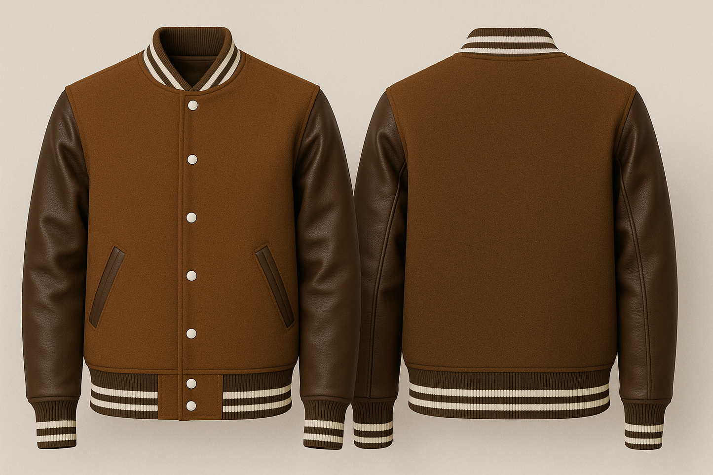 Brown varsity jacket with leather sleeves on a beige background