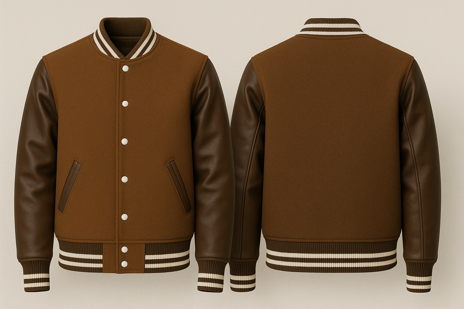 Brown varsity jacket with leather sleeves on a beige background