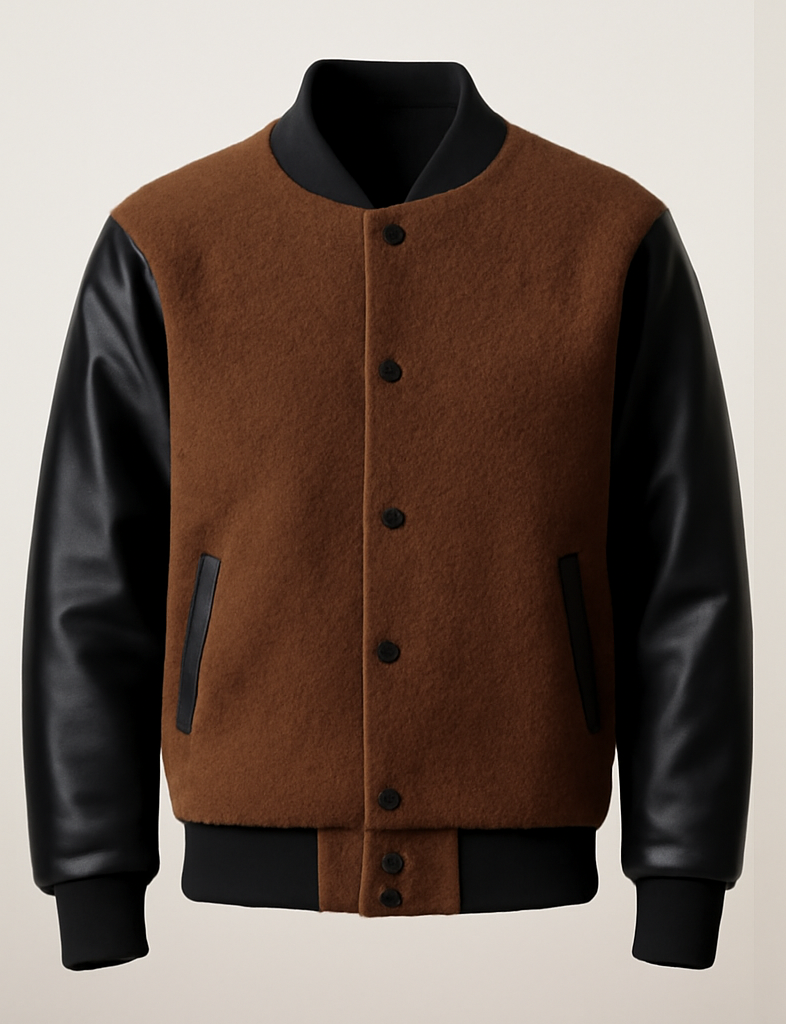 Brown varsity jacket with black leather sleeves on a beige background