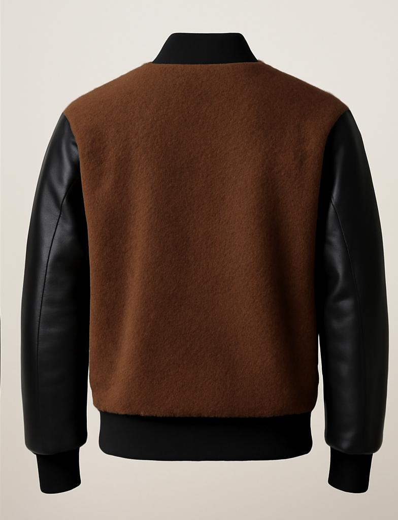 Brown jacket with black leather sleeves on a beige background