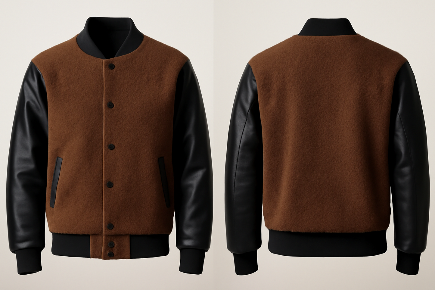 Brown varsity jacket with black leather sleeves on a beige background