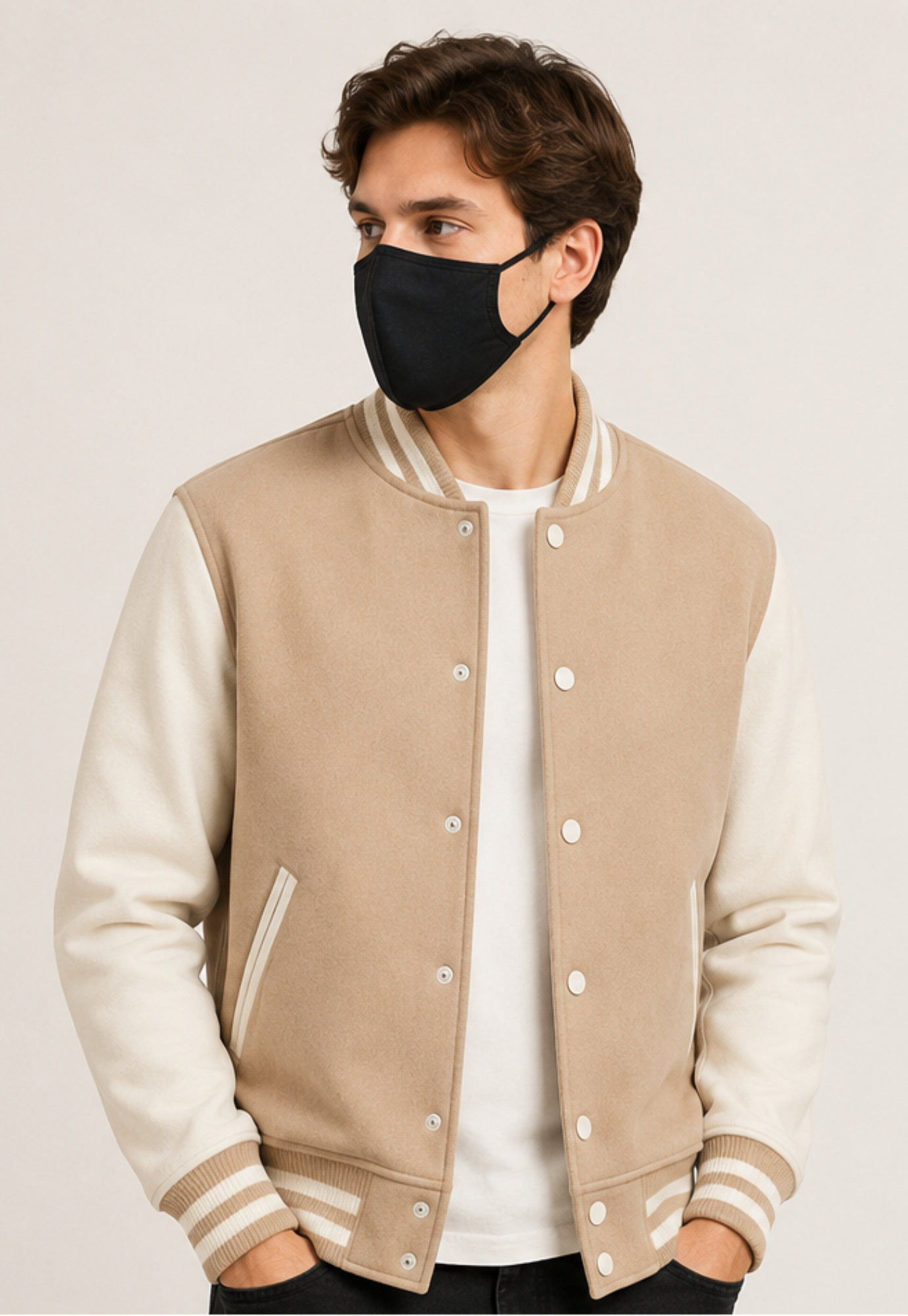 Person wearing a beige and cream varsity jacket with a black face mask on a plain background