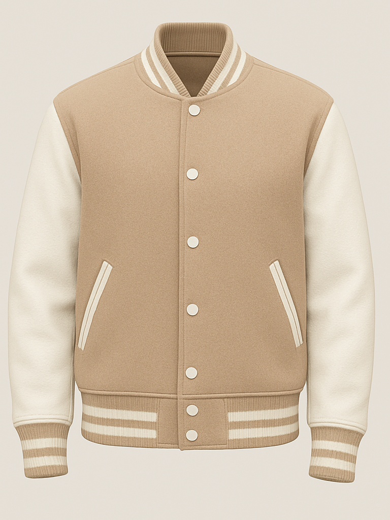 Beige and cream varsity jacket on a beige background