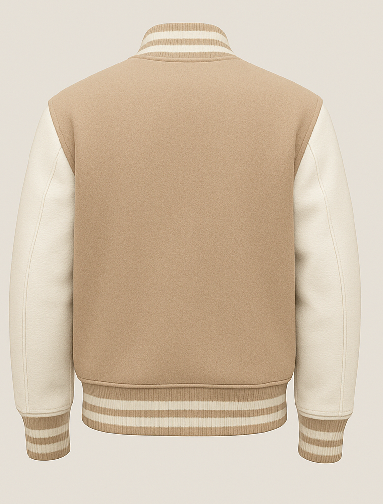 Beige and cream varsity jacket on a light beige background