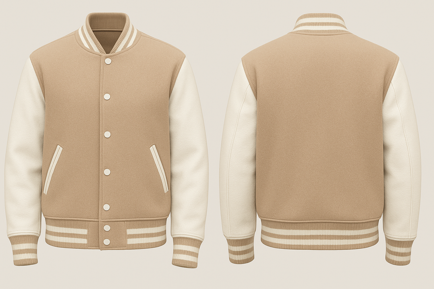 Beige and cream varsity jacket shown from front and back on a light beige background